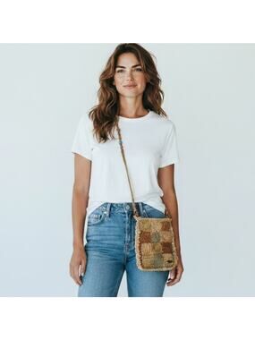Cappelli Raffia Crossbody Bag Brown Patchwork Woven Boho Purse Beaded Strap